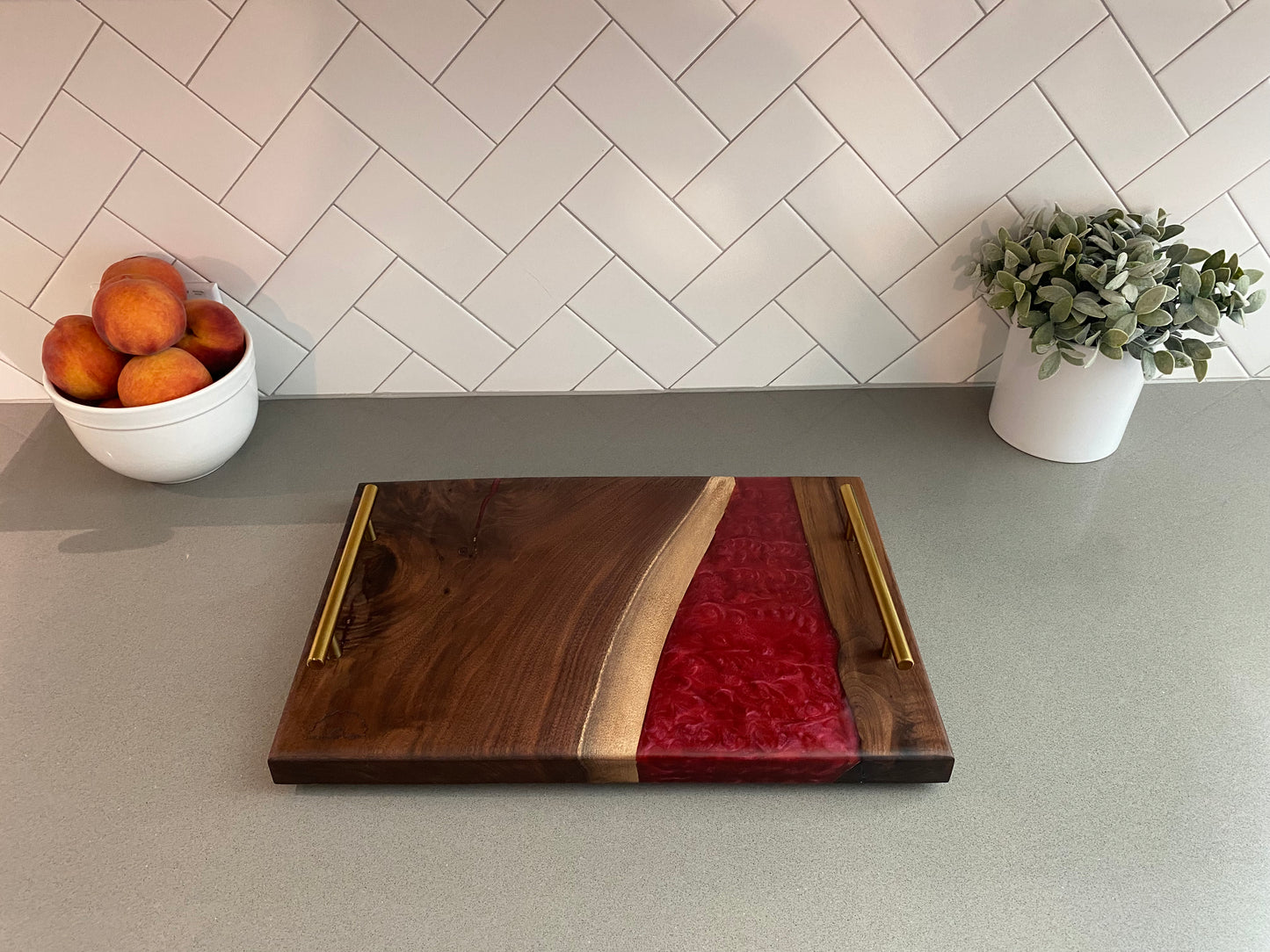 Black Walnut Charcuterie Board w/ Red Epoxy and Gold Handles