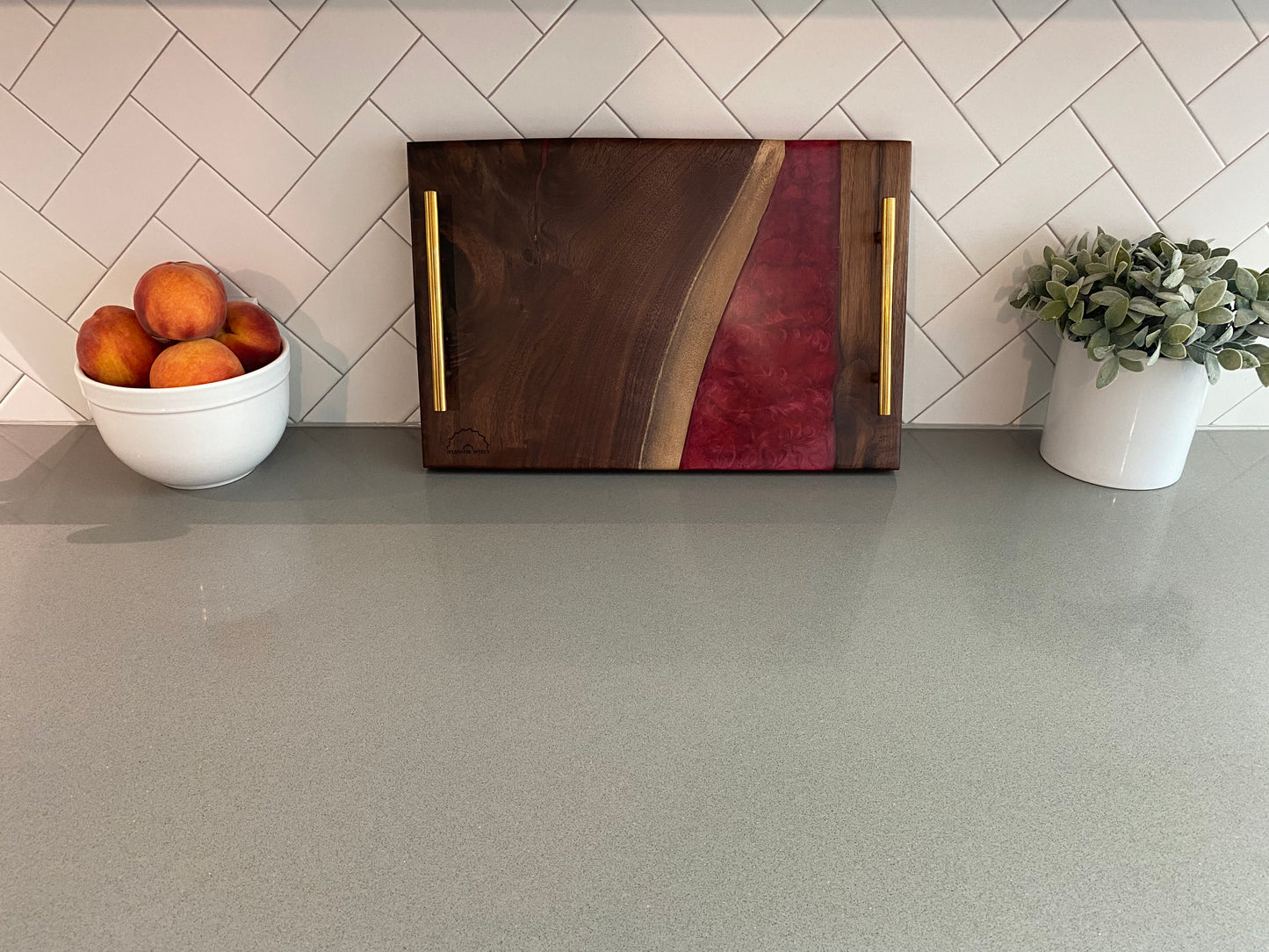 Black Walnut Charcuterie Board w/ Red Epoxy and Gold Handles